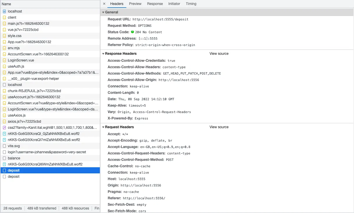 Das Network Tab der Chrome Developer-Konsole zeigt die Header eines erfolgreichen Preflight-Requests